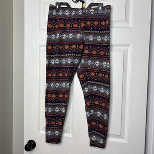 French Laundry Large Halloween Leggings Skulls Pumpkins Fair Isle Print Black L